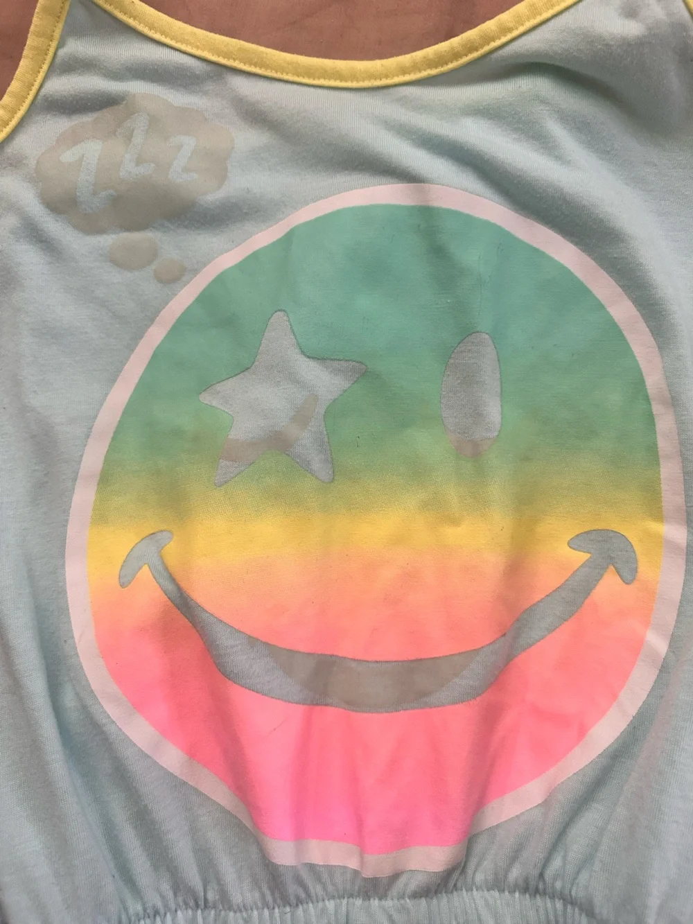 Light Blue Graphic Smiley Romper with Neon Tassled Trim | Size 12